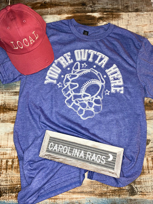 Size M-  Baseball You’re Outta Here blue tee
