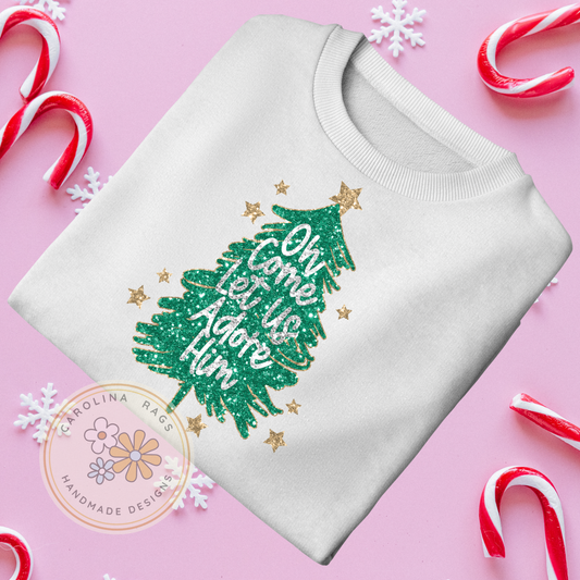 Oh Come Let Us Adore Him glittery Christmas tree t-shirt