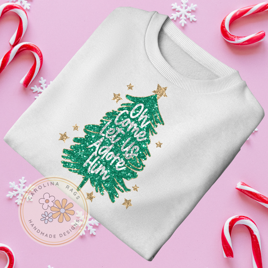 Oh Come Let Us Adore Him glittery Christmas tree long sleeve t-shirt