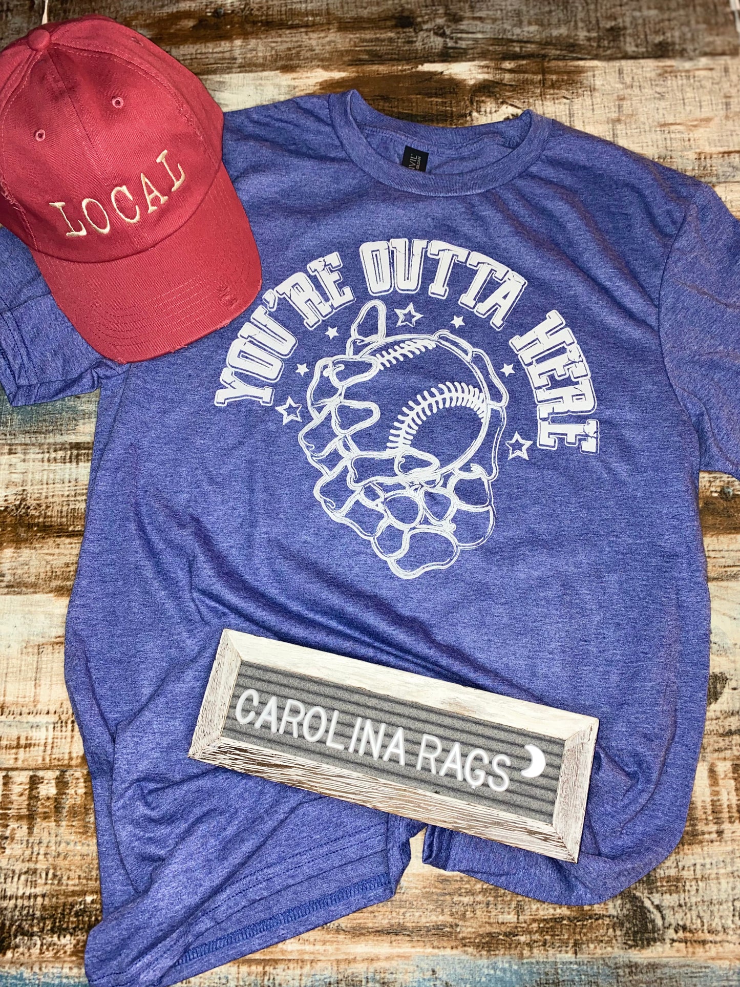 Size M-  Baseball You’re Outta Here blue tee